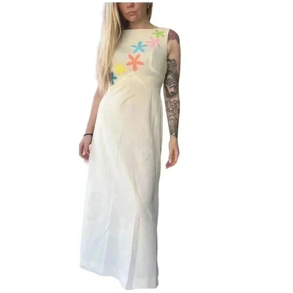 Vintage Melwine of Miami Retro Floral Dress Rainbow White Full Length - Picture 1 of 11